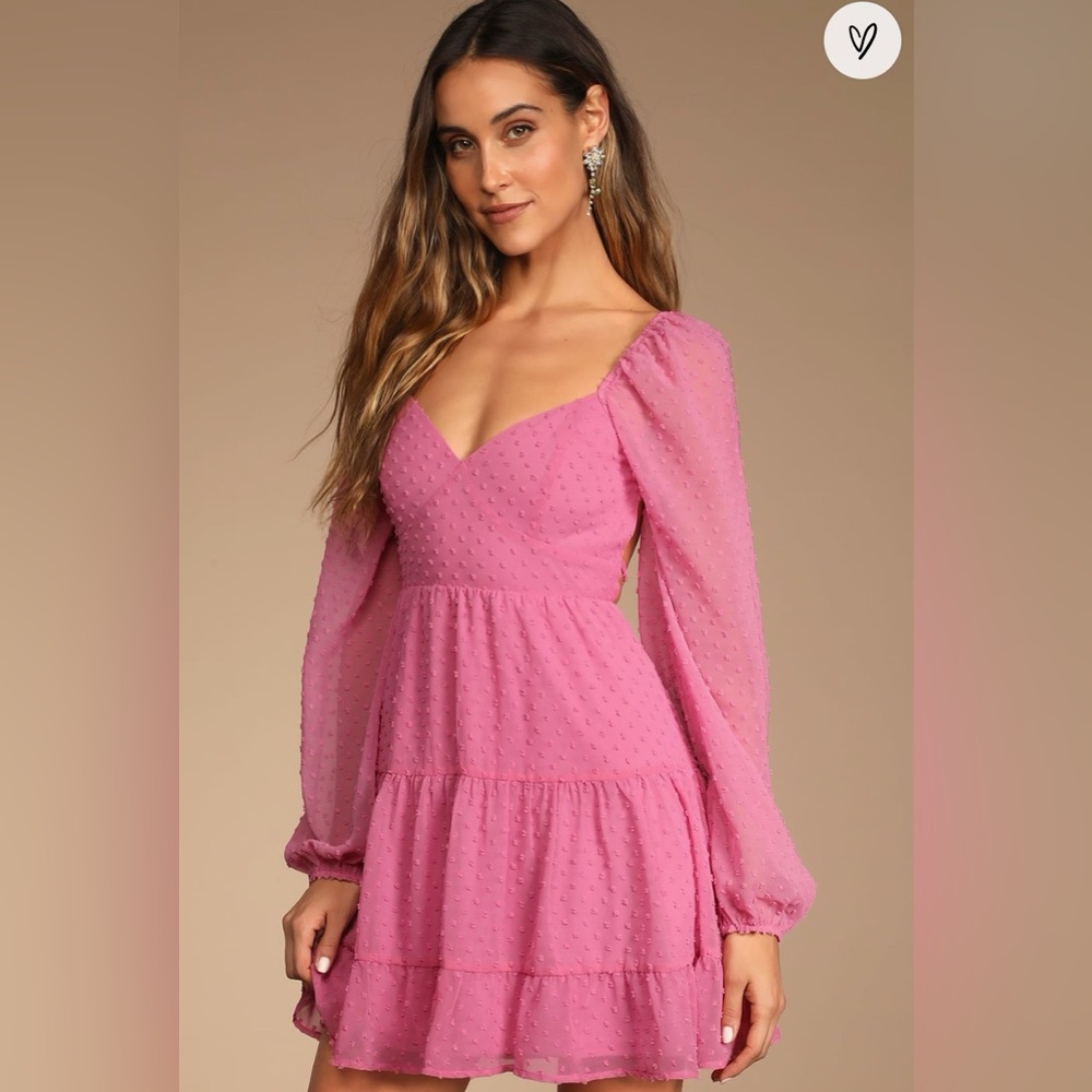 Longing And Love Pink Swiss Dot Puff Long Sleeve Mini Dress from Lulus